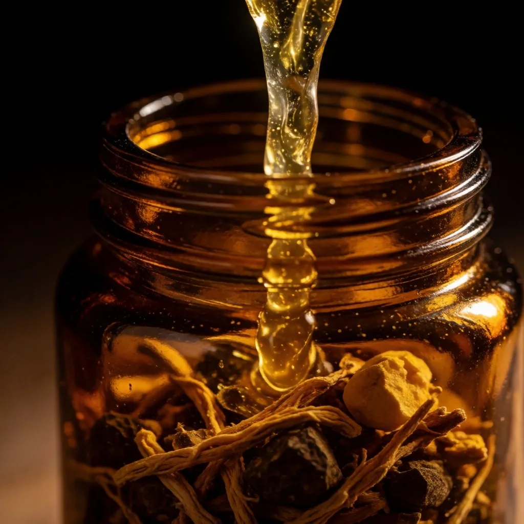 Amber liquid in heavy glass jar with botanicals