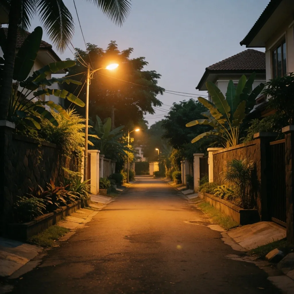 Jakarta neighborhood at dusk with warm amber light