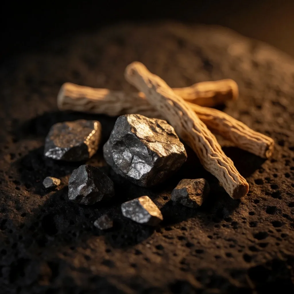 Raw mineral crystals and botanical roots on dark stone