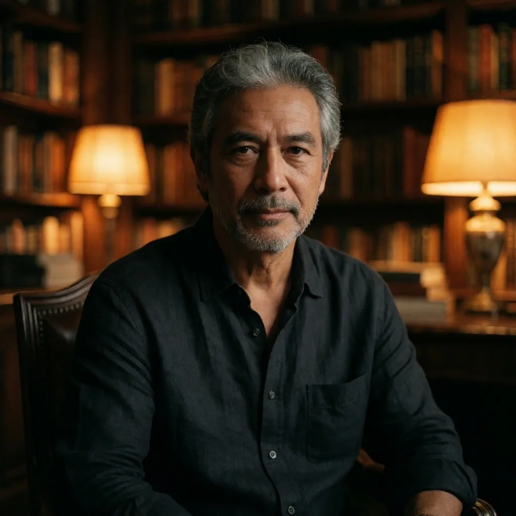 Mature man in a quiet study with amber lamplight