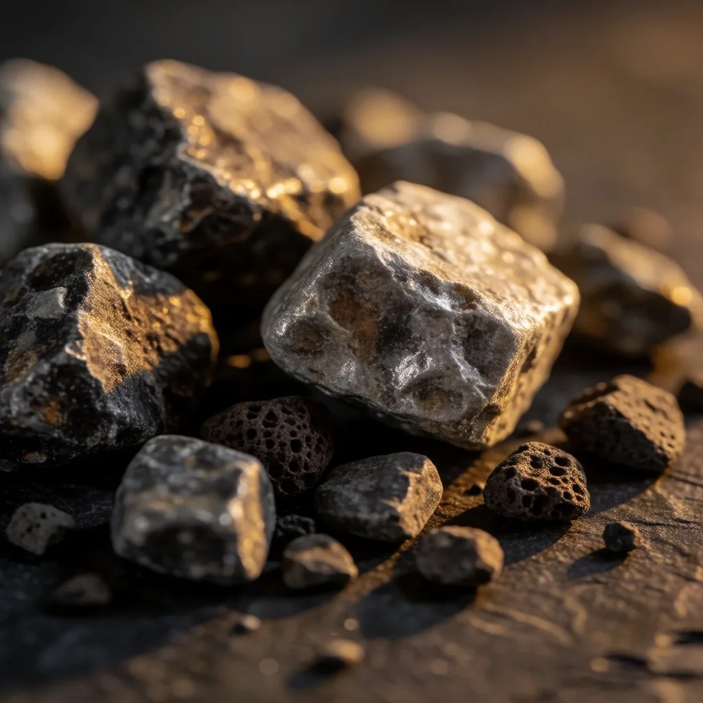 Raw mineral specimens on volcanic stone under amber light