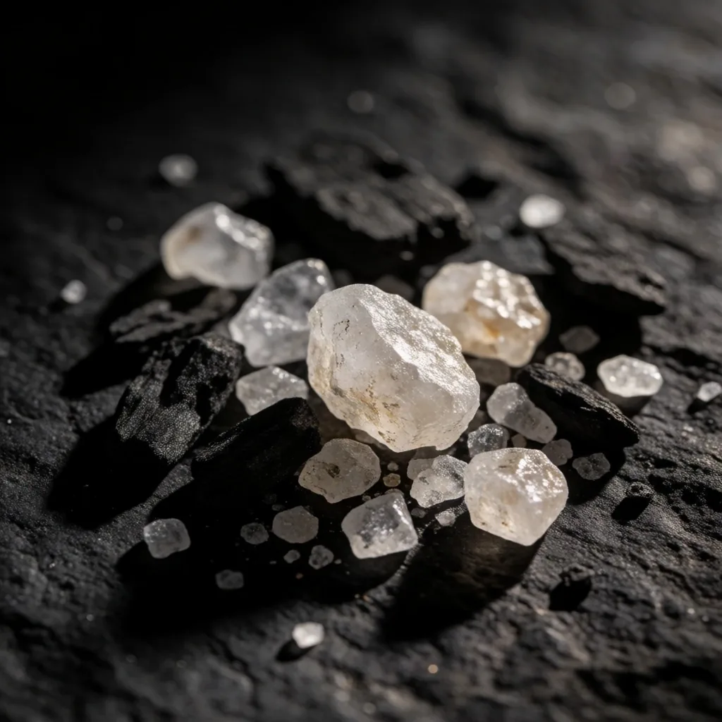Raw mineral crystals under amber light on dark stone