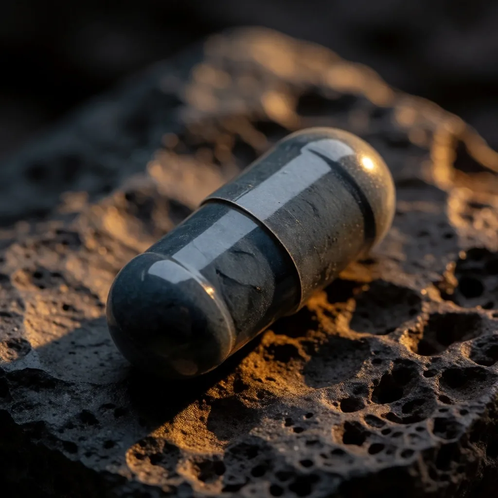 Mineral capsule on volcanic stone under amber light