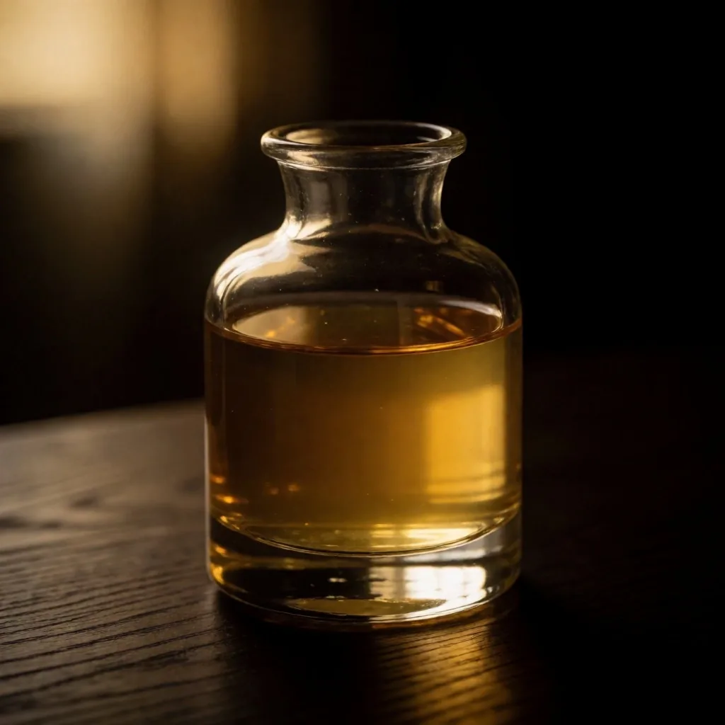 Amber liquid in heavy glass jar on dark shelf