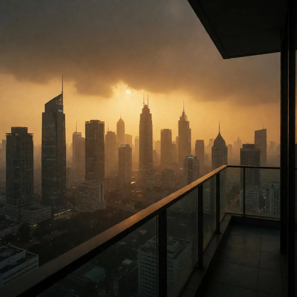 Jakarta skyline at dusk under amber atmospheric haze