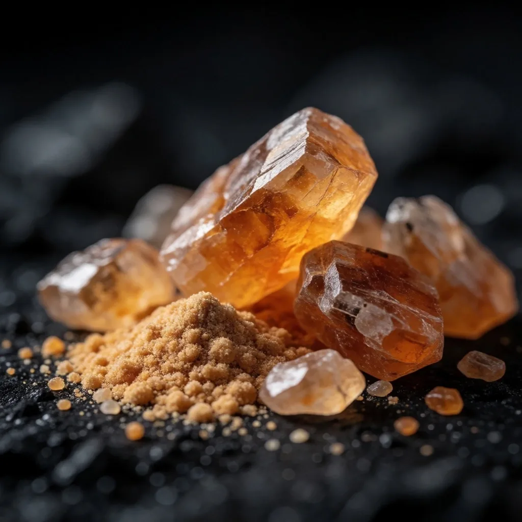 Raw mineral specimens in low amber light