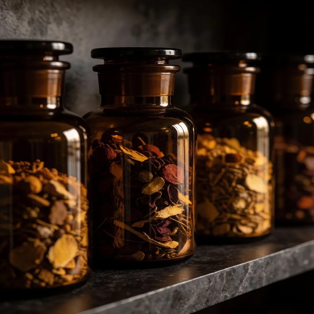 Amber glass jars on a dark stone shelf