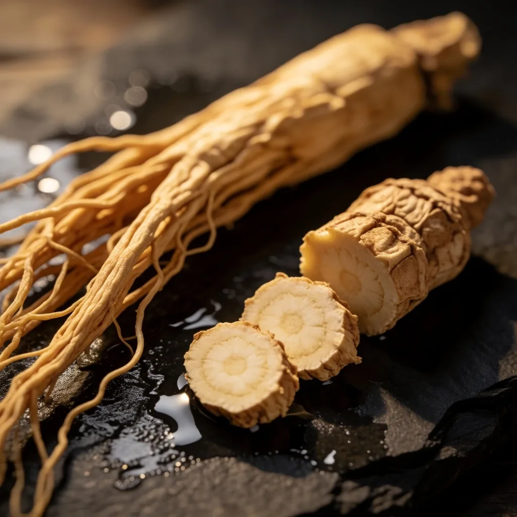 Ginseng and maca roots on dark stone